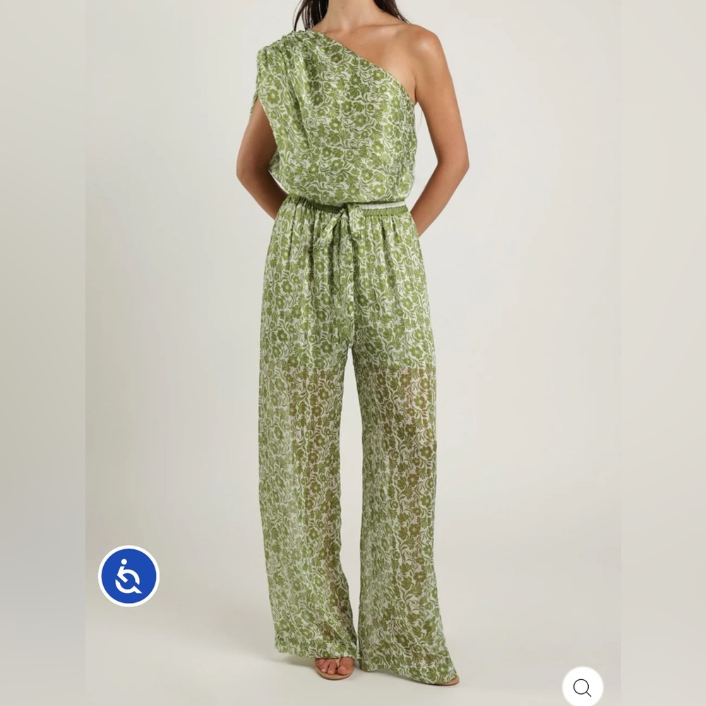 Light Green Floral Set Wide-Leg Pants (M) and One Shoulder Top (S)